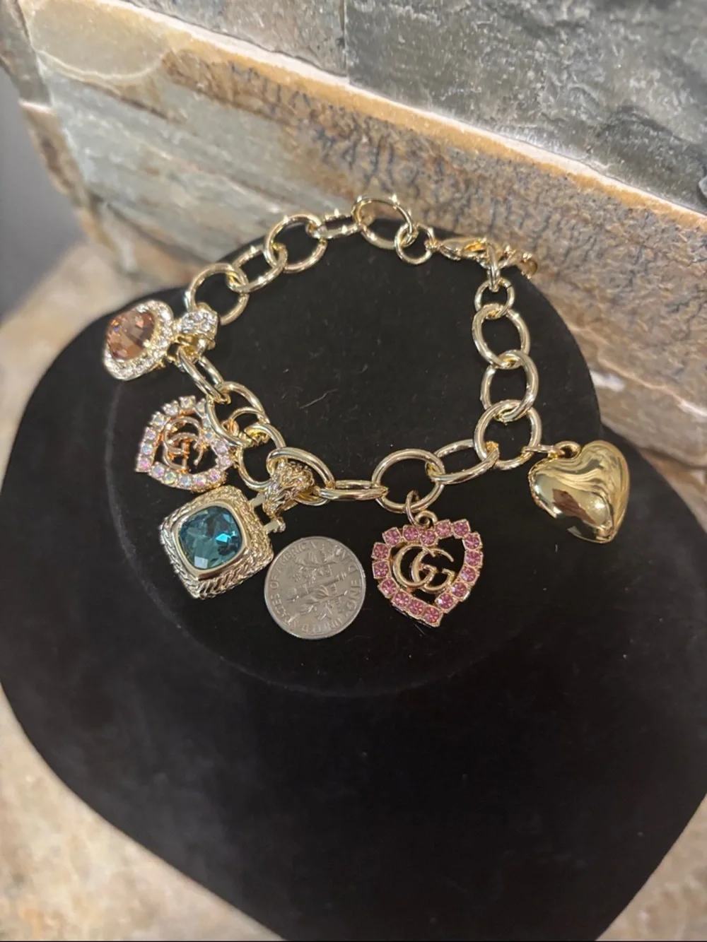 Gold-Tone Charm Bracelet with Multicolor GG Crystal Hearts - Picture 6 of 6